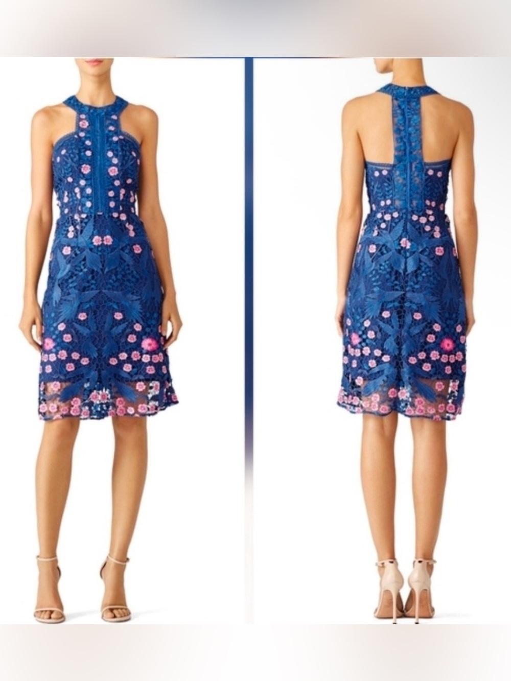 NWT Marchesa Notte 2 Floral Embroidered Lace Hummingbird Cocktail Dress Blue
